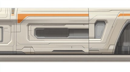 A close-up of a futuristic white and orange spaceship hull with a window and detailed paneling.