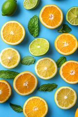 Fototapeta premium Sliced Lemons, Limes, and Oranges with Mint Leaves on Bright Blue Background