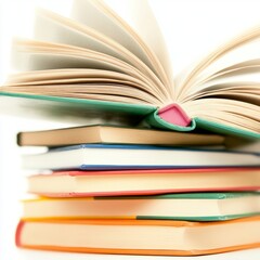 A stack of colorful books with one open, showcasing reading and learning.