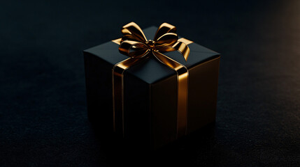 elegant black gift box with gold bow on dark background