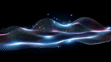 Abstract wave of blue and pink glowing particles on a black background.