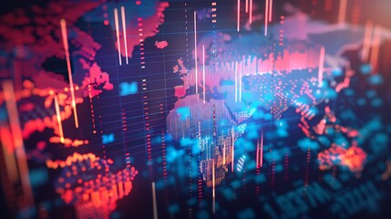 Fototapeta premium A digital world map with data visualizations, showcasing global connectivity and analytics.
