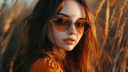 Młoda kobieta z długimi, luźnymi włosami, w modnych okularach, pozując w swobodny sposób.