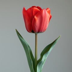 Vibrant red tulip against a soft gray background.