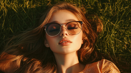 Młoda kobieta z długimi, luźnymi włosami, w modnych okularach, pozując w swobodny sposób.