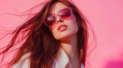 Młoda kobieta z długimi, luźnymi włosami, w modnych okularach, pozując w swobodny sposób.