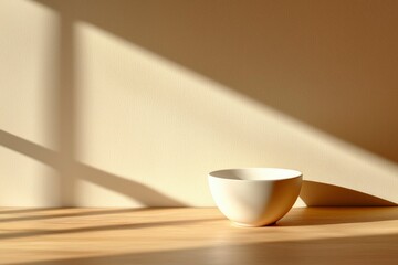White Bowl on Wooden Surface with Sunlight and Shadows