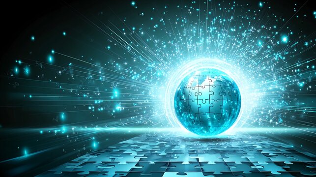 A glowing globe made of puzzle pieces surrounded by a burst of light and placed on a path of puzzle pieces.