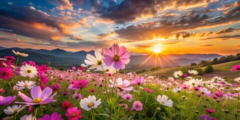 Fototapeta premium Vibrant Cosmos Flowers in a Serene Landscape at Sunset