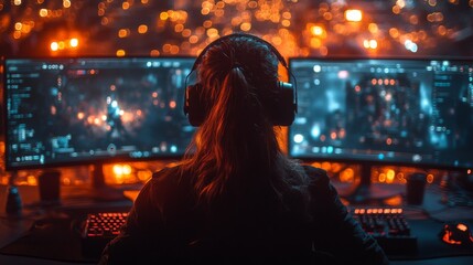 Fototapeta premium A person engages in intense gaming on two monitors, surrounded by a warm glow from LED lights. The atmosphere is energetic and immersive, capturing the excitement of late-night gaming sessions.