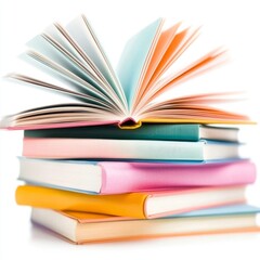 A stack of colorful books with one open, showcasing a love for reading.