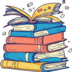 Naklejka premium A colorful stack of books with an open book on top, symbolizing knowledge.