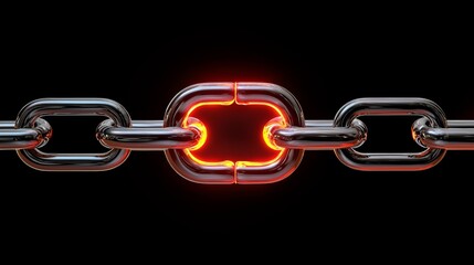Obraz premium Metallic chain with one glowing red-hot link, symbolizing strength and unity, vibrant sparks creating a dynamic and powerful visual effect