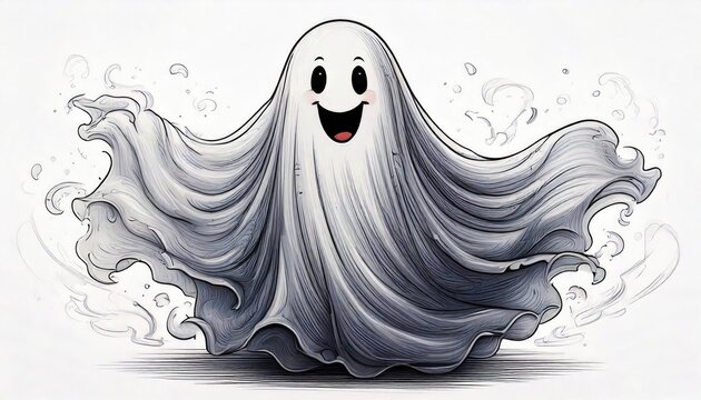 A joyful ghost illustration with flowing white sheets, smiling happily isolated on white background