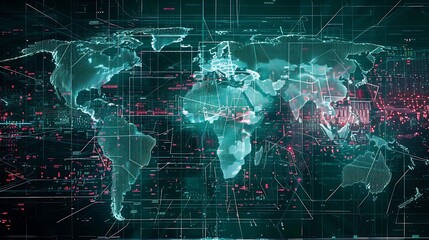 Obraz premium A digital world map with data visualizations, representing global connectivity and technology.