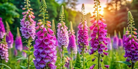 Naklejka premium Vibrant Flowering Foxglove Flowers in a Lush Garden - Digitalis Purpurea