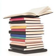 A stack of colorful notebooks with an open book on top.