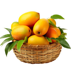 Mango fruit in a wicker basket isolated on transparent background