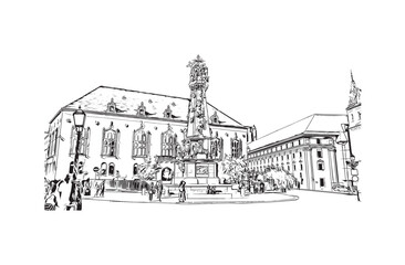 Building view with landmark of Budapest Hungary. Hand drawn sketch illustration in vector.