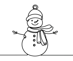Single drawing with a continuous line on a white background. Cute snowman in a hat and scarf