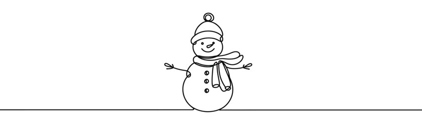 Single drawing with a continuous line on a white background. Cute snowman in a hat and scarf