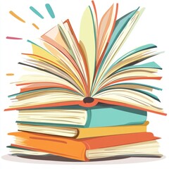 An illustration of an open book with colorful pages above stacked books.