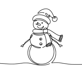 Single drawing with a continuous line on a white background. Cute snowman in a hat and scarf