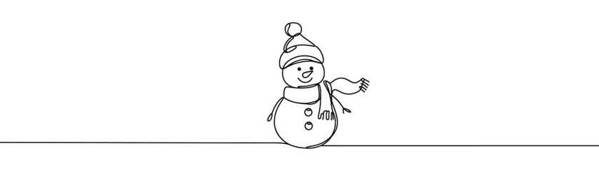 Single drawing with a continuous line on a white background. Cute snowman in a hat and scarf