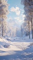 Obraz premium Snowy Forest Path with Mountain View - Winter Wonderland
