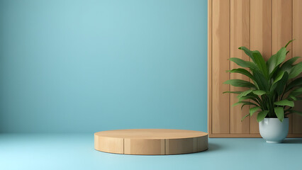 A wooden podium stands against a wooden wall on a blue background with a small green plant beside it.