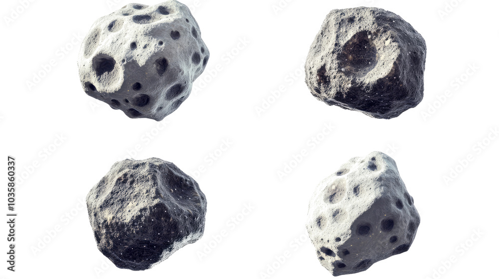 Poster asteroids flying in space isolated on a transparent background generative ai
