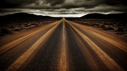 Naklejka premium A long, straight road disappearing into the horizon under a stormy sky.