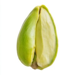 A closeup of a ripe pistachio on white.