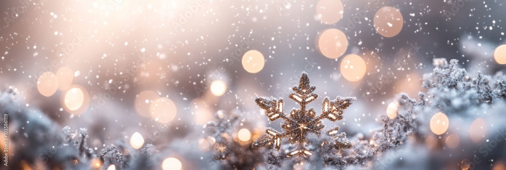 Poster close-up of glittery snowflake ornament surrounded by festive bokeh lights. warm golden tones create