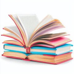 A stack of colorful books with pages fanned open, showcasing reading material.