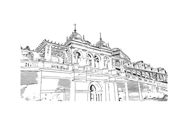 Building view with landmark of Budapest Hungary. Hand drawn sketch illustration in vector.