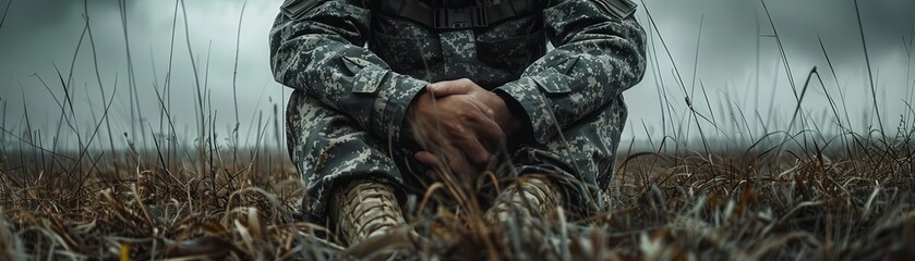 Soldier sitting in a field, reflecting on challenges and experiences.