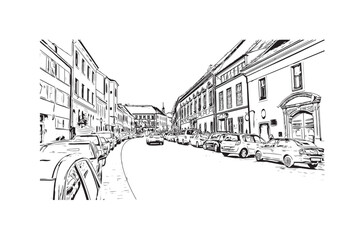 Building view with landmark of Budapest Hungary. Hand drawn sketch illustration in vector.