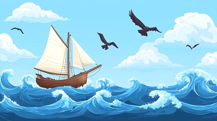 A sailboat sails across a stormy sea with birds flying overhead.