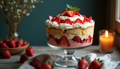  Strawberry trifle with layers of whipped cream and strawberries