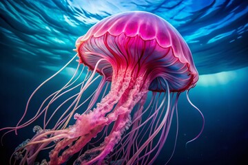 Obraz premium Vibrant Pink Jellyfish with Flowing Tentacles in Blue Ocean - High Dynamic Range Photography