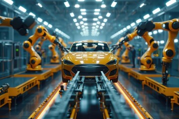 Yellow car in modern automated factory, industrial robotics working.