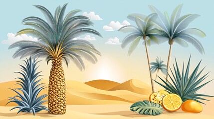 Obraz premium Palm trees and desert landscape with fruits.