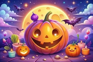 Vibrant Purple and Orange Jack-o-Lantern Cartoon for Kids Halloween Fun