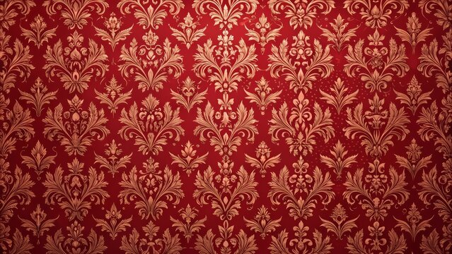 Red and gold damask pattern creating an ornate floral design for backgrounds and textures
