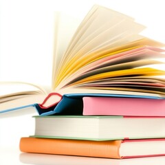 Naklejka premium A stack of colorful books with one open, showcasing pages in motion.