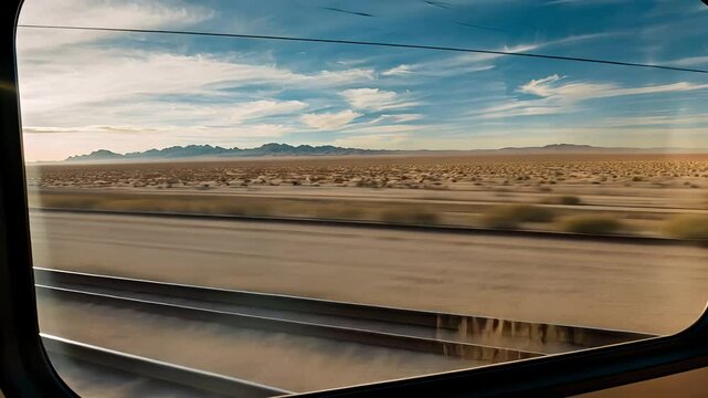 View of Desert Landscape Through Train Window on Sunny Day

