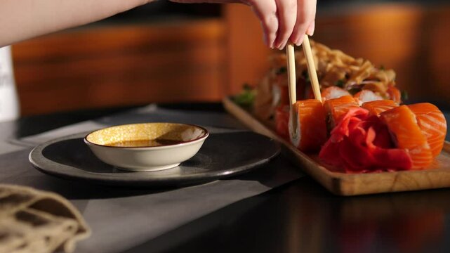 Chopsticks let down red fish roll into soy sauce delight of sushi Japanese dining taste and nutrition. Dipping red fish roll into soy sauce with chopsticks Japanese cuisine nourishing food.