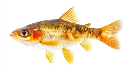 Fototapeta premium A single goldfish with orange and black scales swimming in clear water.