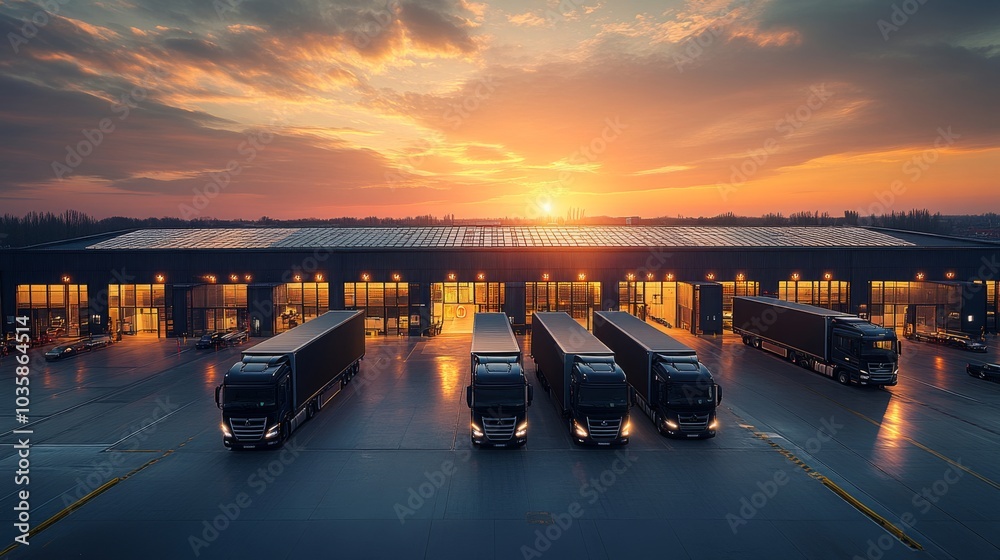 Poster as the sun sets behind the logistics center, trucks are parked neatly in front, illuminated by warm 